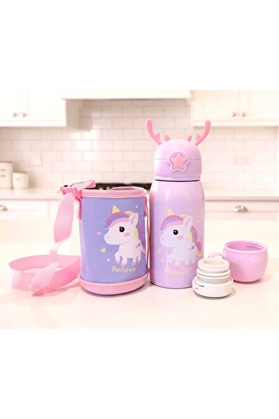 OEM Termos din otel inoxidabil, design unicorn, capac cu pai, capac cana, husa de protectie 500 ml