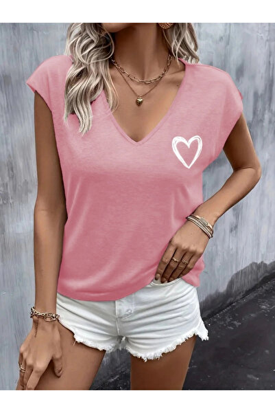 GENCULUS Women's Short Sleeve V Neck Heart Printed Viscose Blouse