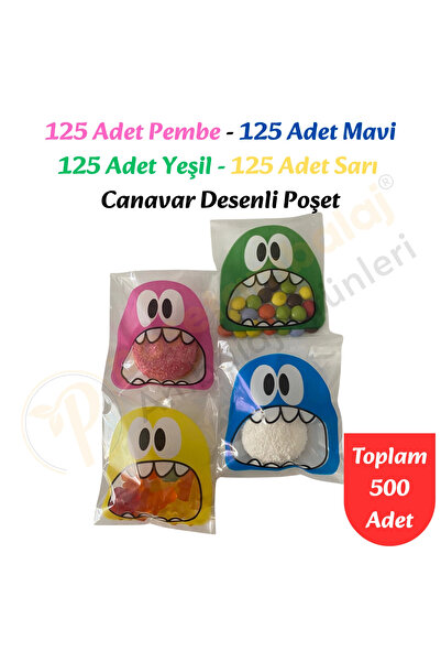 CarpCorn 500 Adet 4 Renkli Canavar Desenli Cake Pop & Kurabiye Poşeti - 10x15 cm