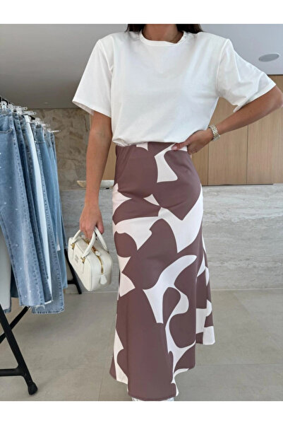 GENCULUS Women's Short Sleeve Crew Neck Viscose Blouse and Patterned Single Jersey Skirt Double Set