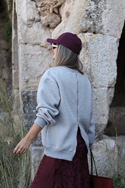 bytugcekaya Gray Printed Back Zipper Detail Sweatshirt