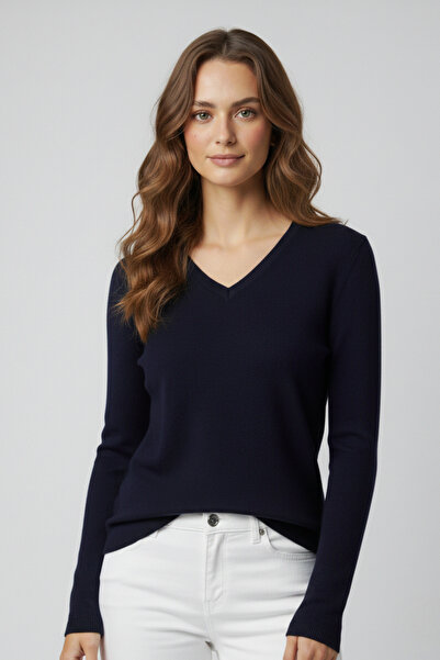 buğrahayalin سترة تريكو نسائية باللون الأزرق الداكن برقبة على شكل حرف V