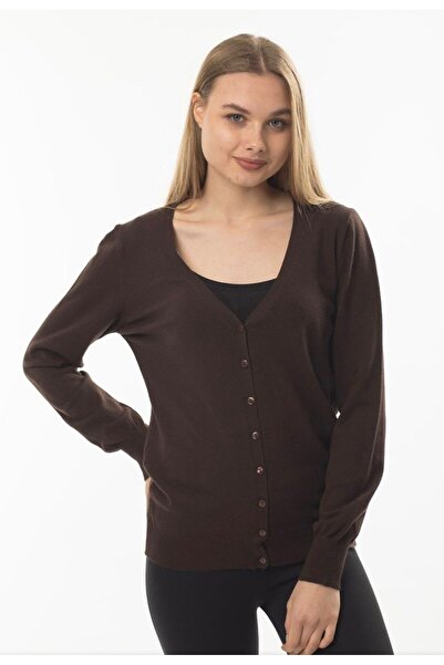 buğrahayalin Brown V-Neck Buttoned Basic Knitwear Women's Cardigan