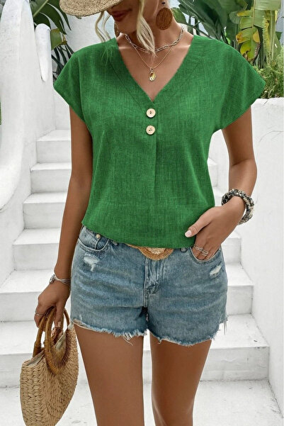 GENCULUS Women's Short Sleeve V Neck Buttoned Linen Blouse