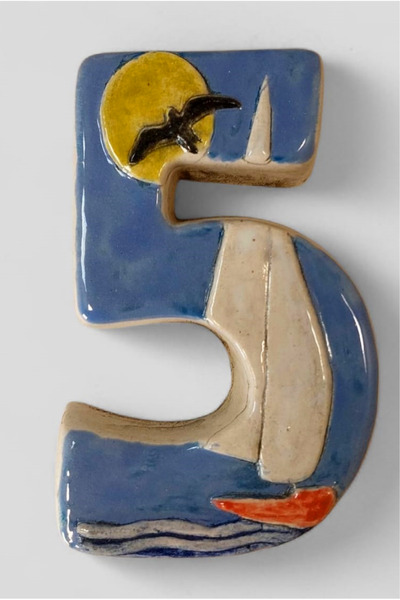 toprakanaart Toprakana Art Kapı Numarası Seramik Yelkenli Handmade - No 5 8 × 13 × 2 cm