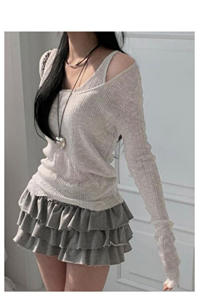 Köstebek Madonna Collar Harajuku Long Sleeve Blouse with Additional Straps