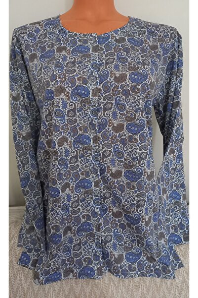 Anne Er Clothing Paper Print Combed Cotton Blouse Long Sleeve Front Buttoned Blue Patterned