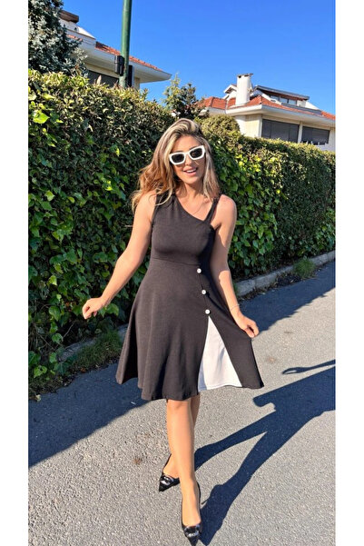 GENCULUS Women's One Shoulder Stripe Detailed Zero Sleeve Side Button Detailed Janjan Crepe Dress