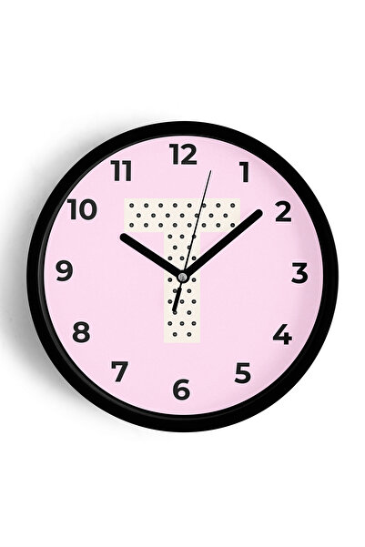 JHAAR ساعة حائط لغرفة الفتيات بحرف T - 30 سم - هيكل أسود مع واجهة زجاجية - آل...