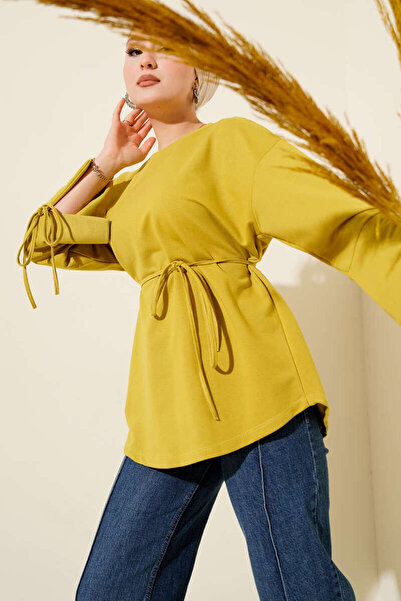 Smy moda Tunic with Two Drawstrings and Lace-Up Sleeves, Crew Neck