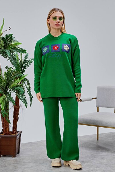 Jinx Wear Fashion Papatya Jeans Süzüne Embroidery Applique Detail Women's 2-Piece Acrylic Knitwear Set