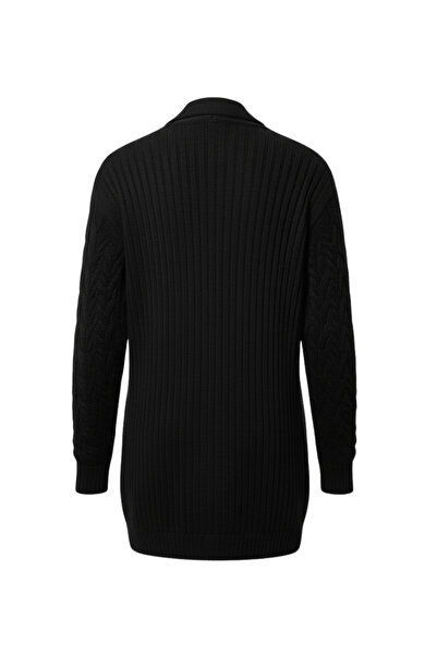 buğrahayalin Women's Black Long Oversized Knit Cardigan – Chevron Pattern Knitwear