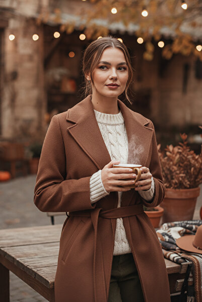 Pissos Women's Belted Cashmere Long Coat – Brown, Lined, Premium Thickness