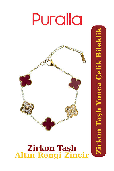 Puralia Zircon Stone Burgundy Clover Bracelet - Gold Color Chain