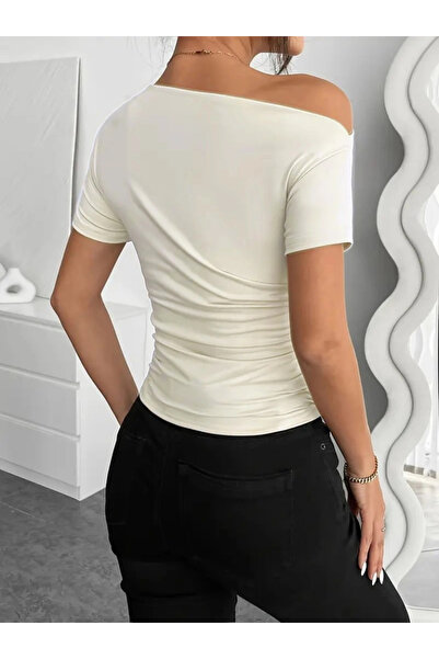 GENCULUS Women's Short Sleeve One Shoulder Open Shirring Viscose Blouse