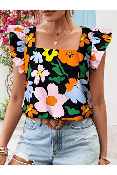 GENCULUS Women Short Ruffle Sleeve Square Neck Floral Patterned Imported Linen Blouse