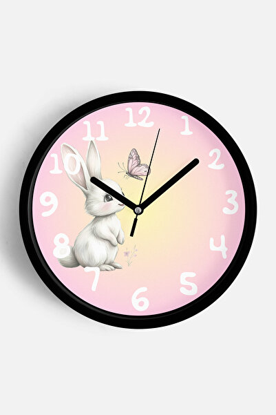 JHAAR ساعة حائط حديثة لغرفة الأطفال بتصميم أرنب لطيف - 35 سم - هيكل أسود مع و...