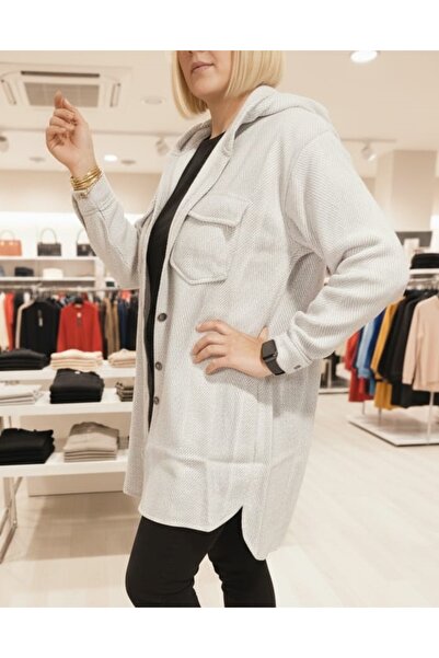 MLS Design Women's Herringbone Patterned Hooded Double Pocket Stitched Trench Coat Jacket