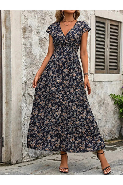 GENCULUS Women's Short Sleeve Double Breasted Collar Flower Patterned Single Jersey Long Dress with Elastic Waist