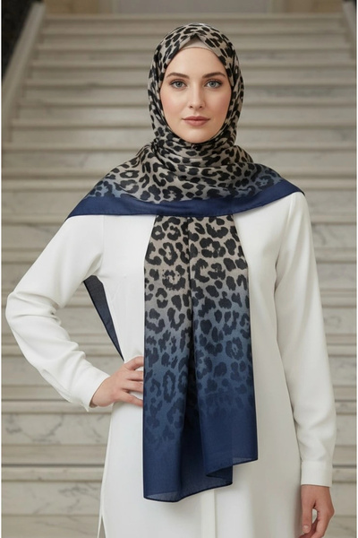 Noorella Scarf - Sahara Leopard Pattern Shawl - Navy Blue