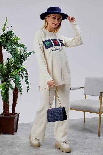 Jinx Wear Fashion Papatya Jeans Süzüne Embroidery Applique Detail Women's 2-Piece Acrylic Knitwear Set