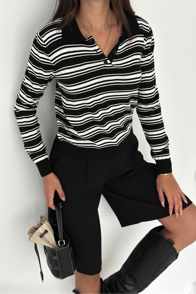 Noi Belis Striped Polo Neck Buttoned Knitwear Sweater Aw25Kz0080