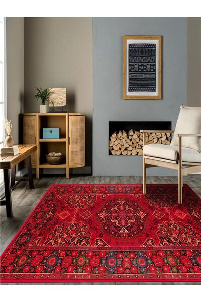Serteks Klasik İran Desen Kırmızı Yıkanabilir Salon - Oturma Odası Halısı