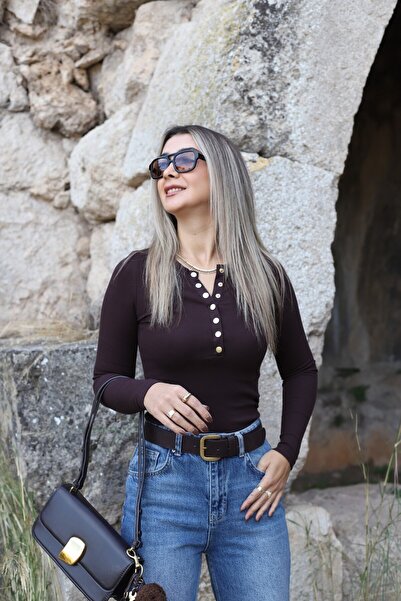 bytugcekaya Brown Buttoned Blouse with Patches