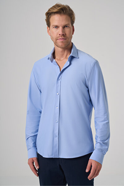 Morven Men's A. Blue Trend Flat S Slim Fit Full Italian Collar Shirt