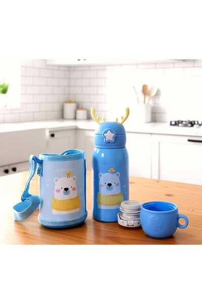 OEM Termos din otel inoxidabil, design ursulet, capac cu pai, capac cana, husa de protectie 500 ml