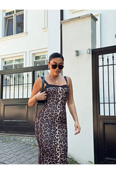 GENCULUS Women's Diver Fabric Digital Leopard Printed Midi Dress