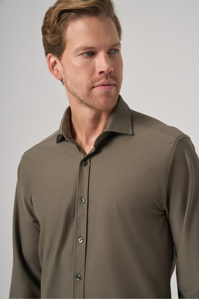 Morven Men's Khaki Trend Plain Slim Fit Full Italian Collar Shirt
