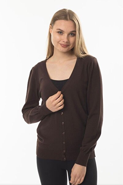 buğrahayalin Brown V-Neck Buttoned Basic Knitwear Women's Cardigan
