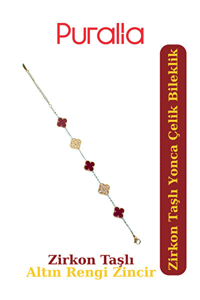 Puralia Zircon Stone Burgundy Clover Bracelet - Gold Color Chain