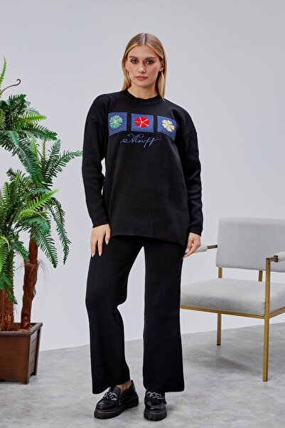 Jinx Wear Fashion Papatya Jeans Süzüne Embroidery Applique Detail Women's 2-Piece Acrylic Knitwear Set