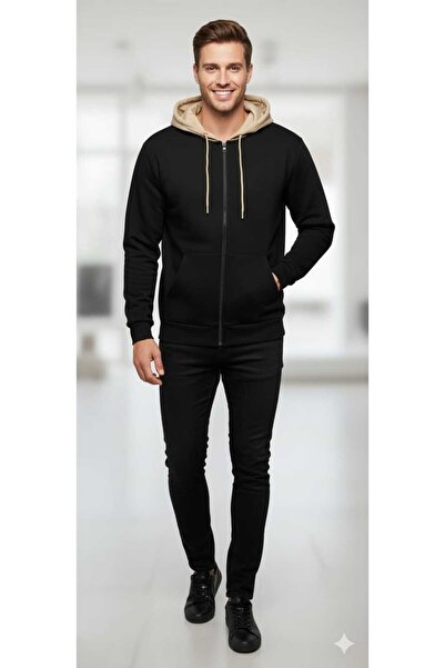LiyAdaCo Unisex Men's Black Beige Hooded Zippered Cardigan
