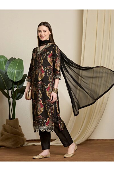 PRIYA'S PANACHE Floral Foil Printed Straight Kurta Pant Dupatta Set | Indian Dress Ladies Salwar Suit for Women