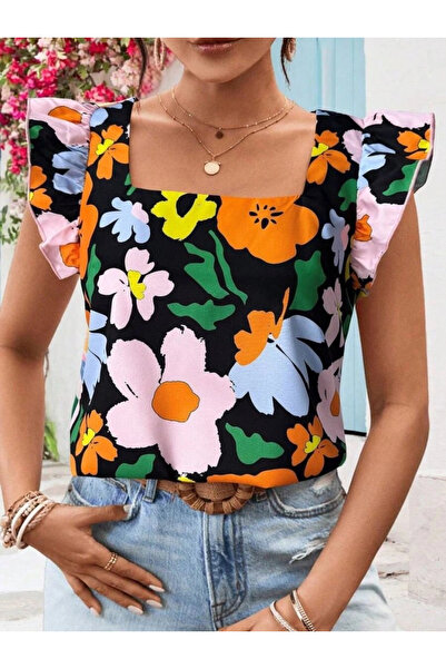 GENCULUS Women Short Ruffle Sleeve Square Neck Floral Patterned Imported Linen Blouse