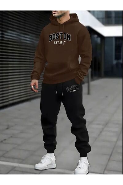 HerTarzınTrendi Men's Boston Hooded Sweatshirt and Jogger Tracksuit Set – Col...