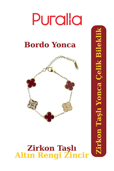 Puralia Zircon Stone Burgundy Clover Bracelet - Gold Color Chain