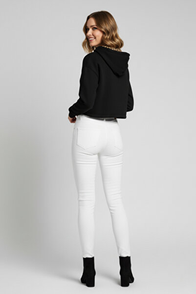 buğrahayalin Women's Black Hooded Patterned Lining Skirt Hem Y Slit Crop