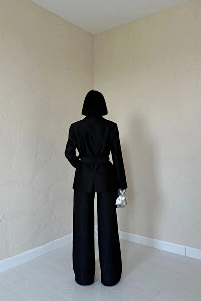 GENCULUS Black Belted Waist Jacket and Trousers Shiny Set