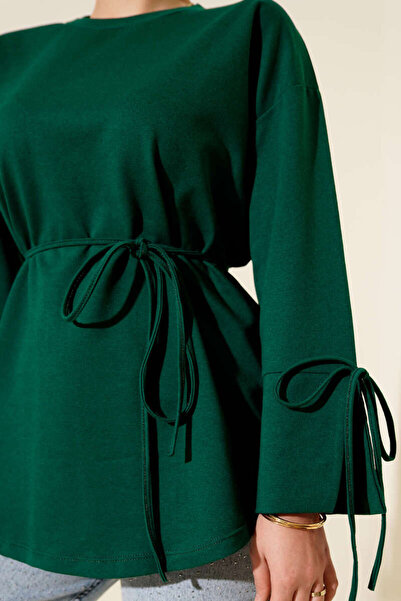 Smy moda Tunic with Two Drawstrings and Lace-Up Sleeves, Crew Neck