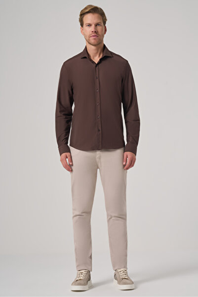 Morven Men's Brown Trend Plain Slim Fit Full Italian Collar Shirt