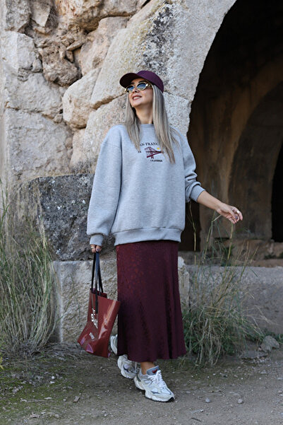 bytugcekaya Gray Printed Back Zipper Detail Sweatshirt