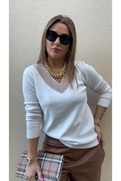 D LAVELLA Yaka ve kol detaylı v yaka bluz