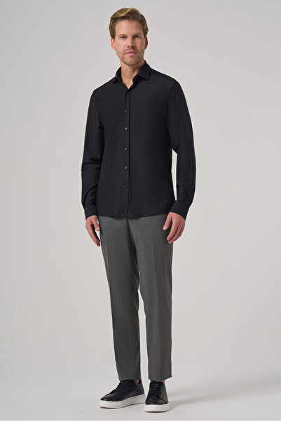 Morven Men's Black Trend Flat Slim Fit Full Italian Collar Shirt