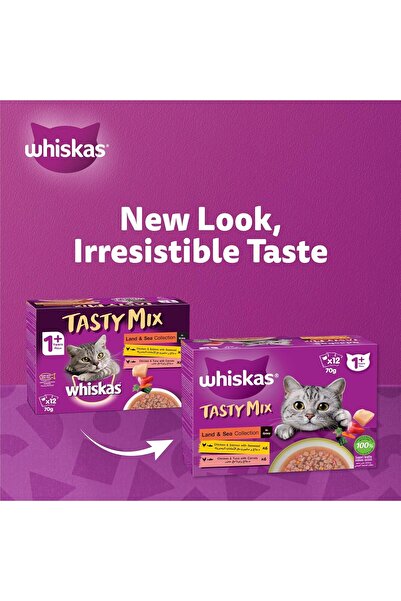 Whiskas Tasty Mix Wet Cat Food, Land & Sea in Gravy Variety Pack, 48 x 70g