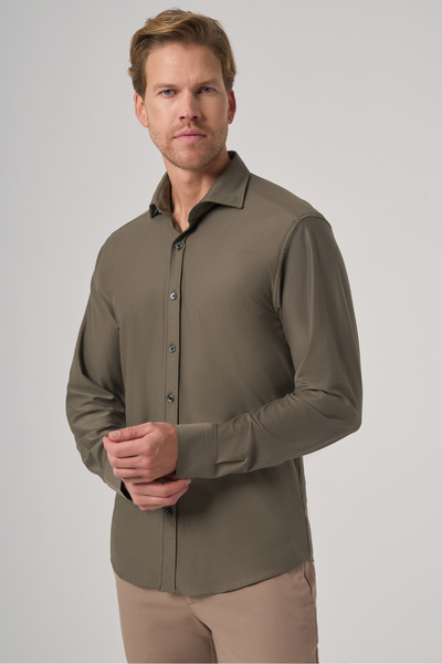 Morven Men's Khaki Trend Plain Slim Fit Full Italian Collar Shirt
