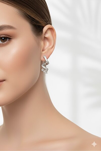 Dorvina Brass Women's Earrings with Zircon Stone Curved Model Silver Color | ...
